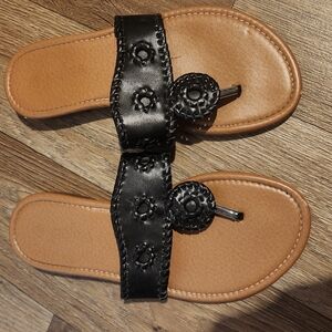 Black and Tan Leather Sandals with Floral Embellishment